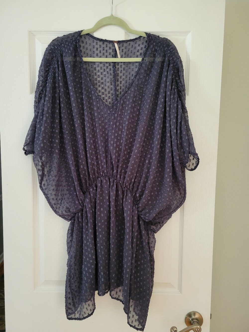 Free People Size Medium Sheer Navy Dot V-Neck Mini Dress/Tunic
